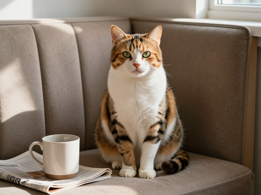 Calico cat sitting beside coffee.