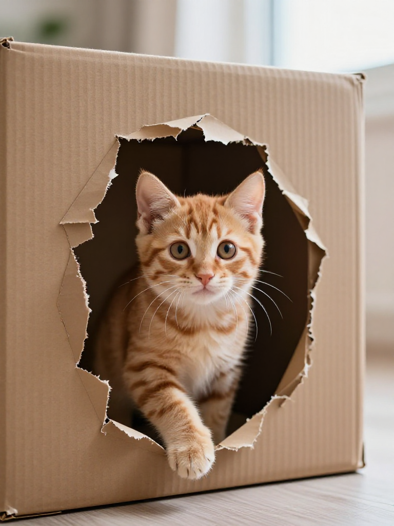 Orange kitten looking out from a torn cardboard box.