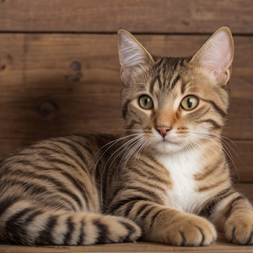 Tabby kitten sitting against a wooden wall.