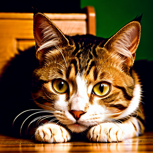 Wide-eyed tabby cat on a dark table.