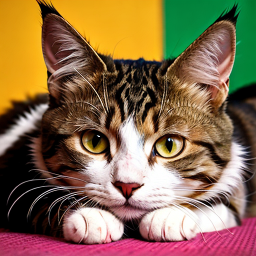 Tabby cat lying on a bright pink blanket.