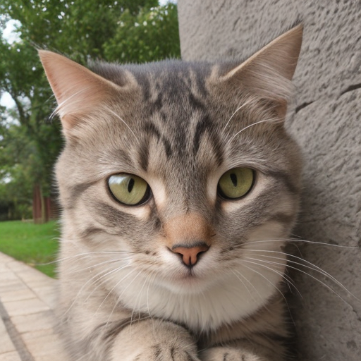 Gray cat close to the camera outdoors.