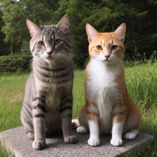 Two young cats sitting together in grass.