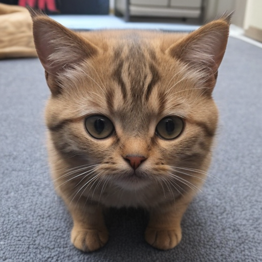 Tiny striped kitten standing on carpet.