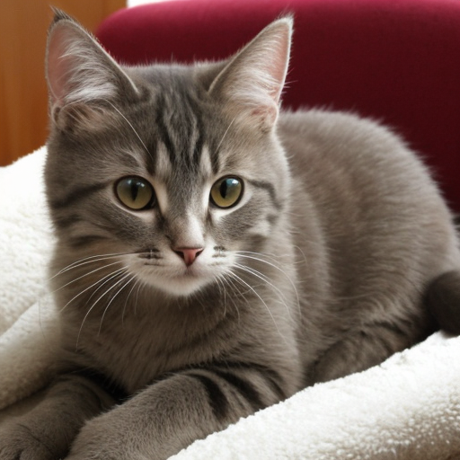 Gray kitten lying on a blanket.