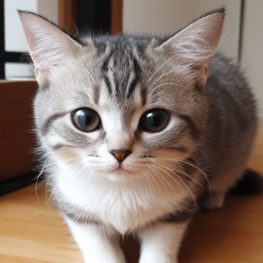 Small cat on the floor with round eyes.