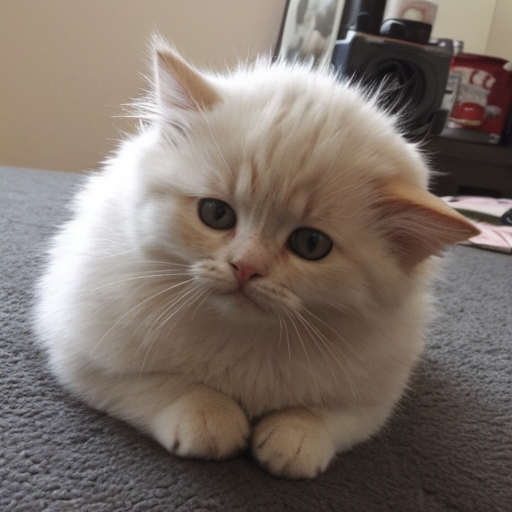 Fluffy cream kitten sitting on the floor.