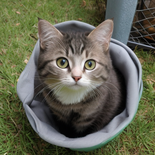 Cat sitting inside a gray fabric tube.