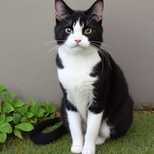 Black-and-white cat sitting near a small plant.