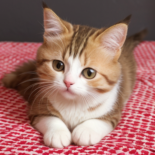 Orange-and-white kitten loafing on a red blanket.