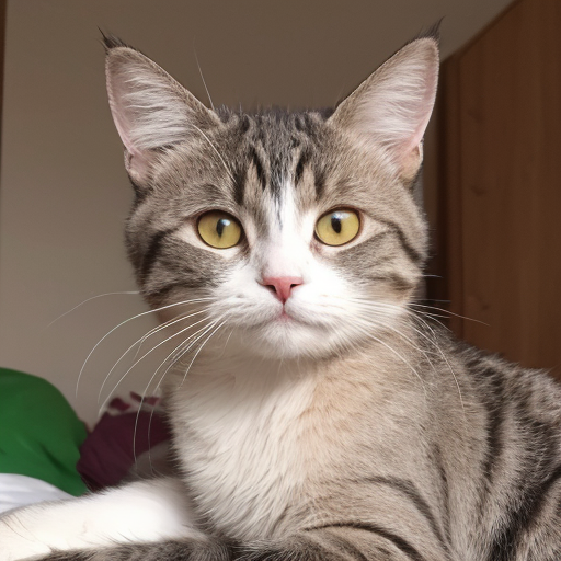 Tabby cat with big ears looking forward.
