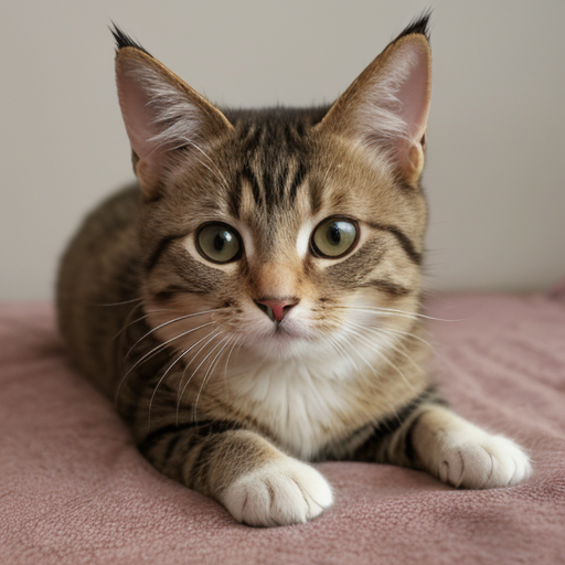 Young tabby cat sitting on a pink bed.