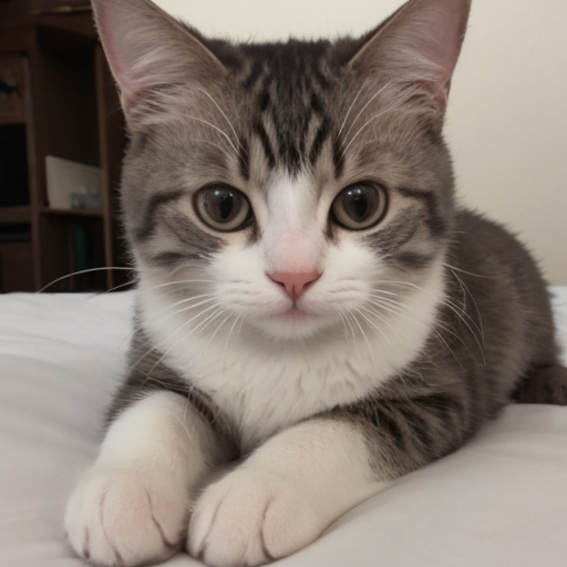 Gray-and-white cat loafing with one paw forward.