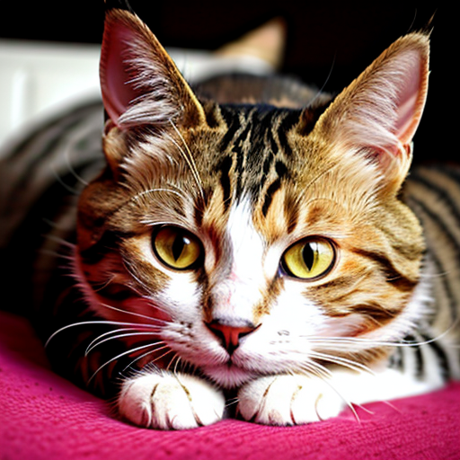 Tabby cat on a bright pink blanket.