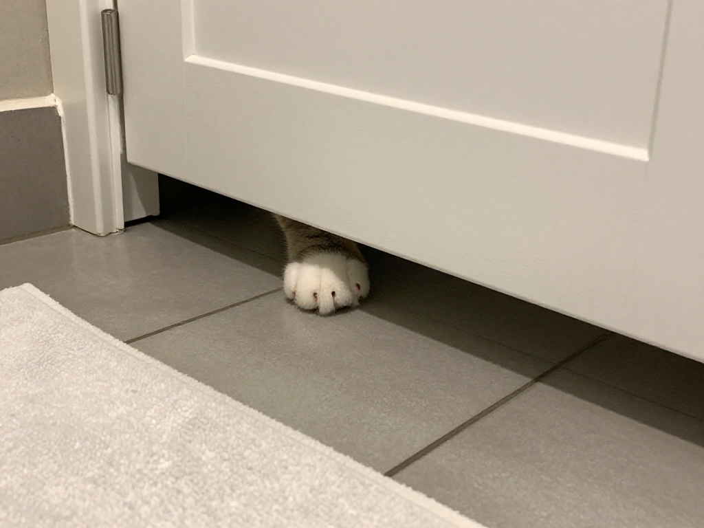 Cat paw reaching under a closed bathroom door.