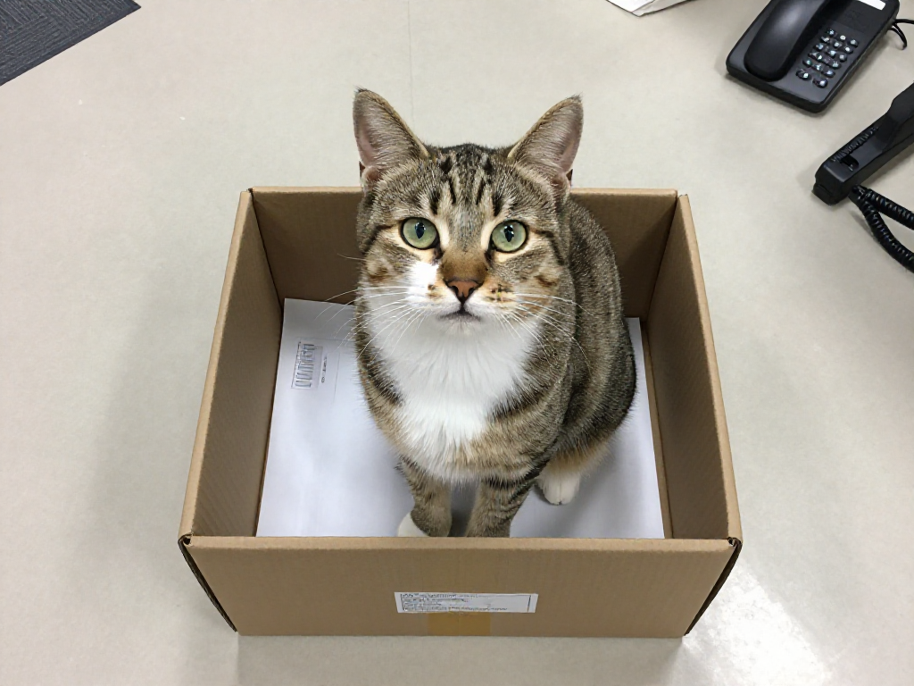 Tabby cat sitting in a cardboard box on a desk.