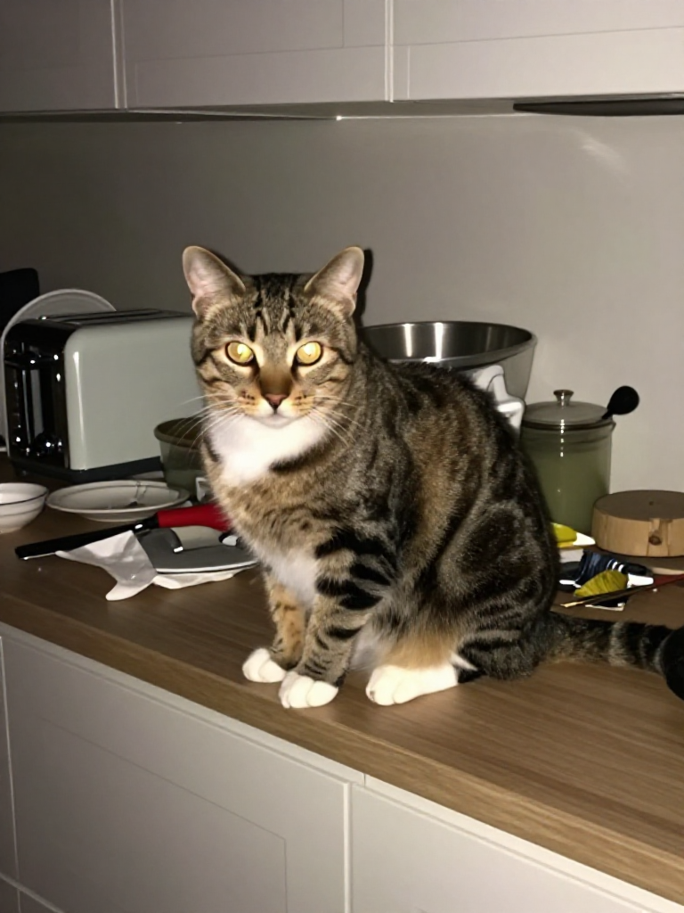 Cat sitting on a kitchen counter with bright eyes from camera flash.