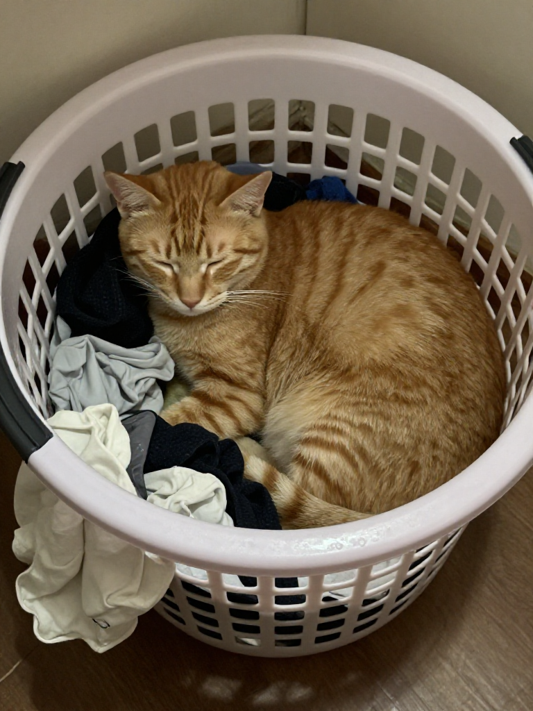 Orange cat curled up in a laundry basket.