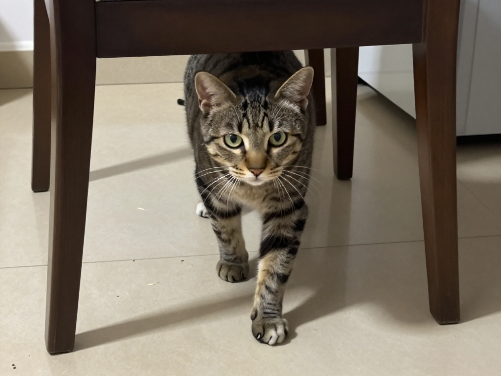 Tabby cat walking under a dining chair.