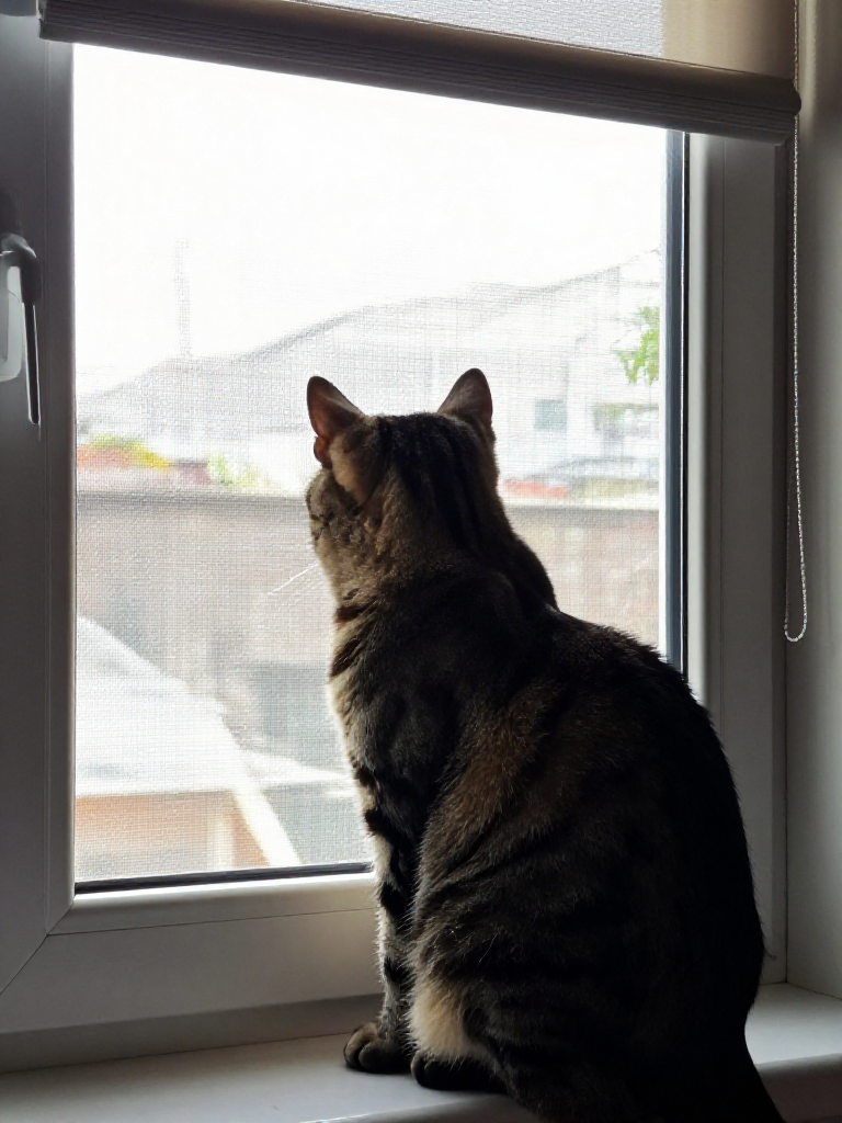 Cat sitting by a window screen and looking outside.