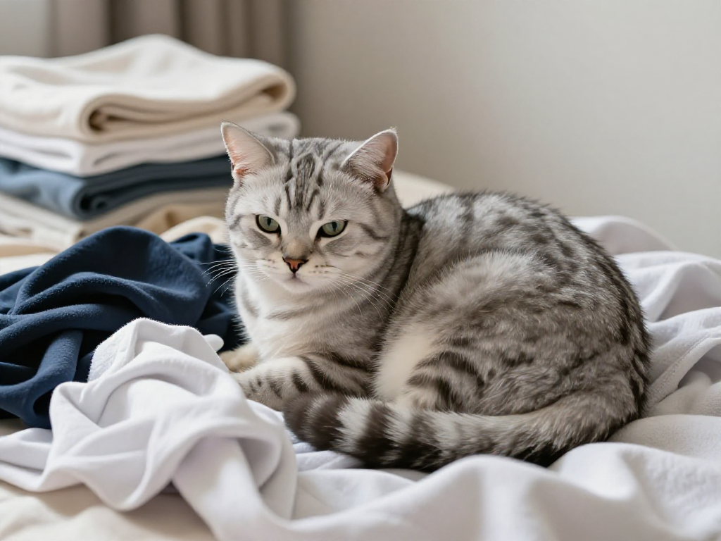 Silver tabby cat resting on laundry.