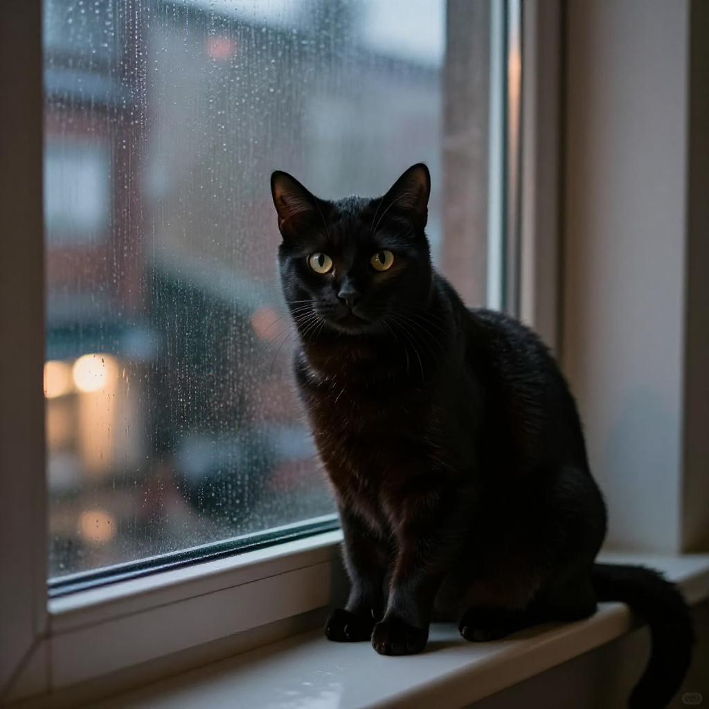 Black cat sitting at a rainy window.