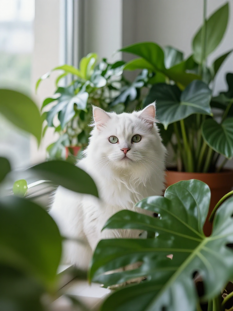White cat sitting among houseplants.