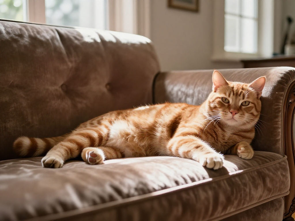 Orange tabby stretched on a sofa in sunlight.